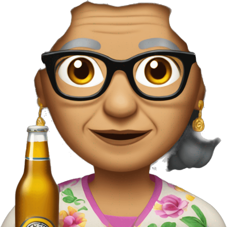 Mexican grandma with long curly black hair and glasses and a corona beer emoji