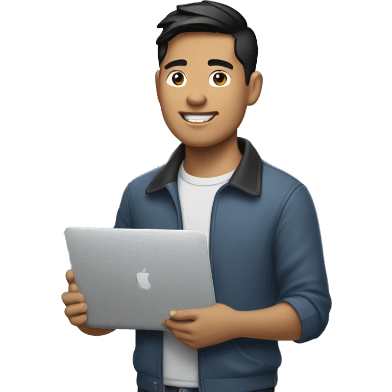 Filipino Asian handsome guy that holds a Mac Book laptop with air pods. emoji