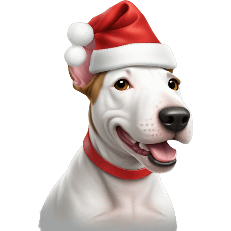 Bull terrier wearing Santa hat emoji