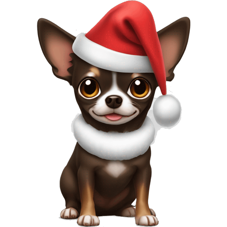 Dark brown chihuahua with Santa hat emoji