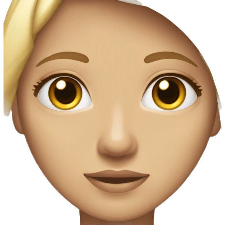 Una chica rubia oscuro, blanca, hojos hazel, facciones bonitas y relajada emoji