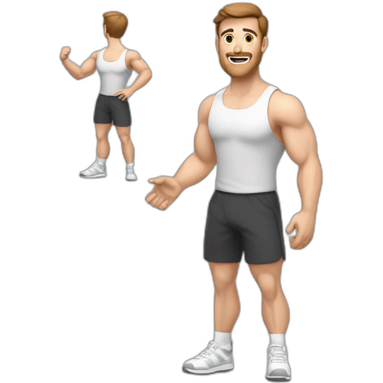 Full height Actively gesturing with hands Pale skinned Fit Man With the biceps and brown hair in dark gray Sleeveless Mike, black oversize sports shorts, watch and white Sneakers emoji