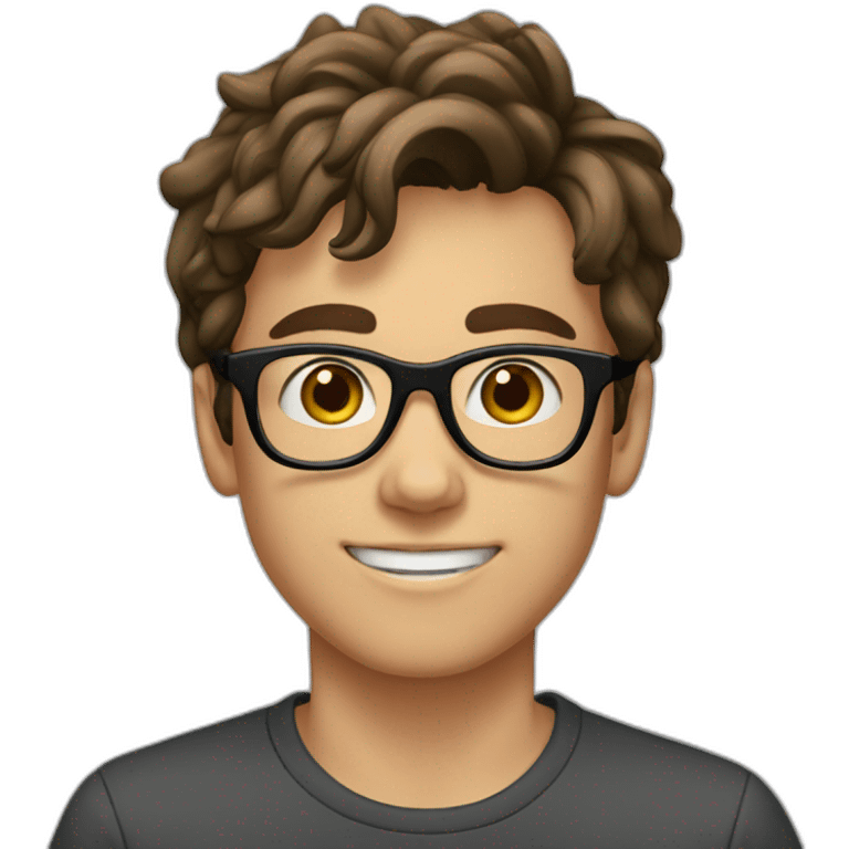 A 15 year old boy with brown hair, brown eyes and black glasses emoji