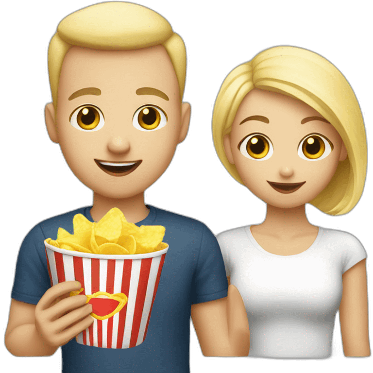 cute blonde girl with her bald boyfriend eating chips emoji