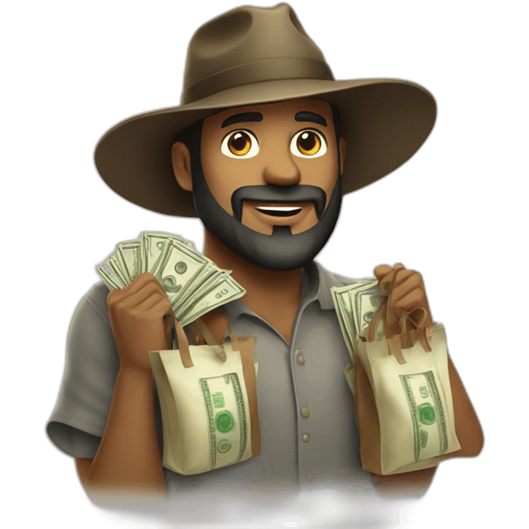 Man in beard and wide brim hat holding bags of money emoji