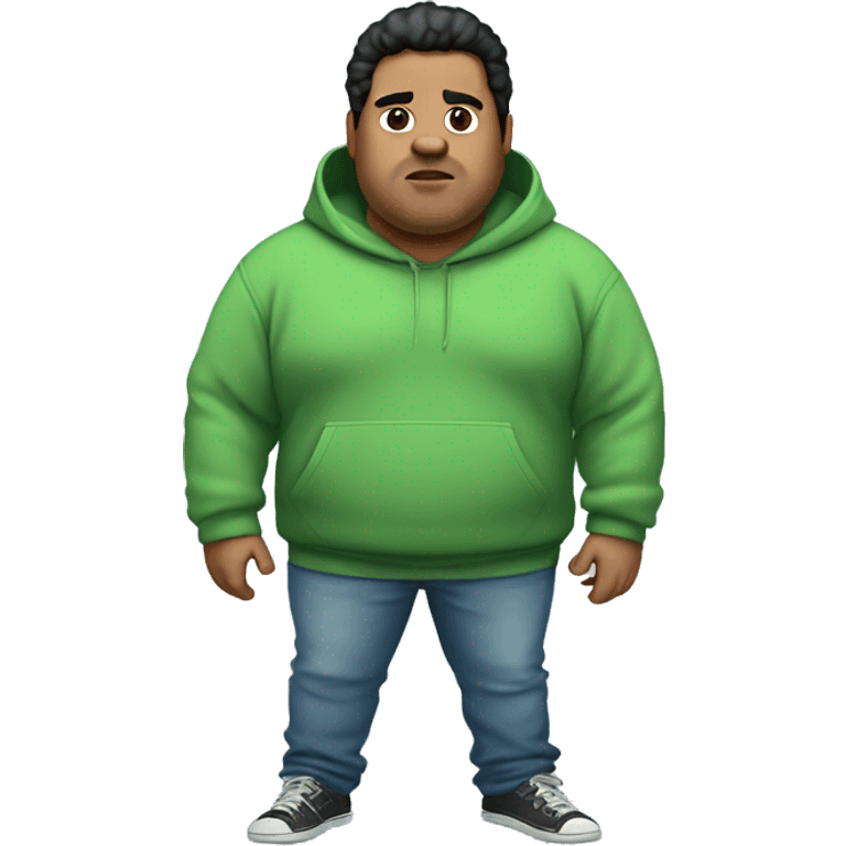 wide fat guy with black hair big chest green hoodie and light blue jeans and no beard, with little acne emoji