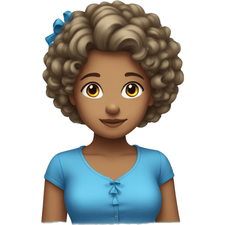 girl with curly hair in blue shirt and a bow on her head emoji