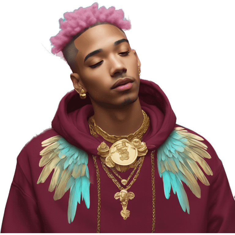 Vintage painting swirls gold jewellery baroque raven wings angel tropical Deep pink maroon burgundy cyan dark hoodie man vitiligo dyed hair gold piercings nose piercing ear piercings emoji