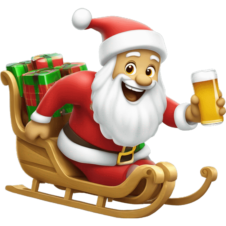 Excited  white skin Santa sticking out tongue while riding and holding beer on the sled emoji