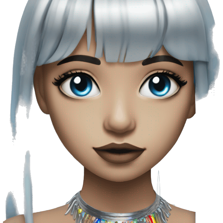 Hyperrealistic pretty girl with blue eyes and long hair with rainbow fringe. Wearing cute black & silver choker necklace has dark eye makeup on her eyes emoji