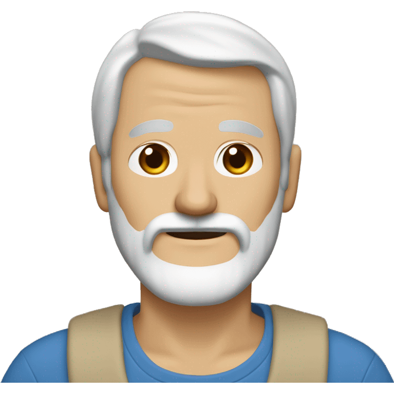 A middle-aged man with a white beard and brown mustache wearing brown sneakers, khakis and a blue shirt with a beige sweater overtop. He has longer brown and white hair that is held back onto his head with a hairband. emoji