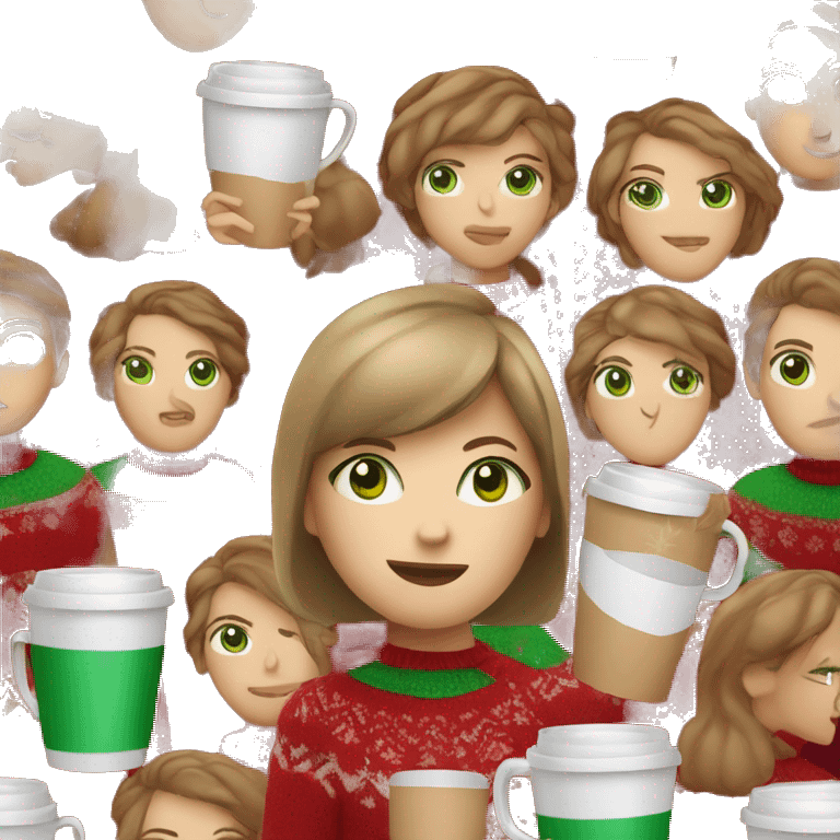 Light brown short haired girl with green eyes drinking coffee wearing red Christmas sweater emoji