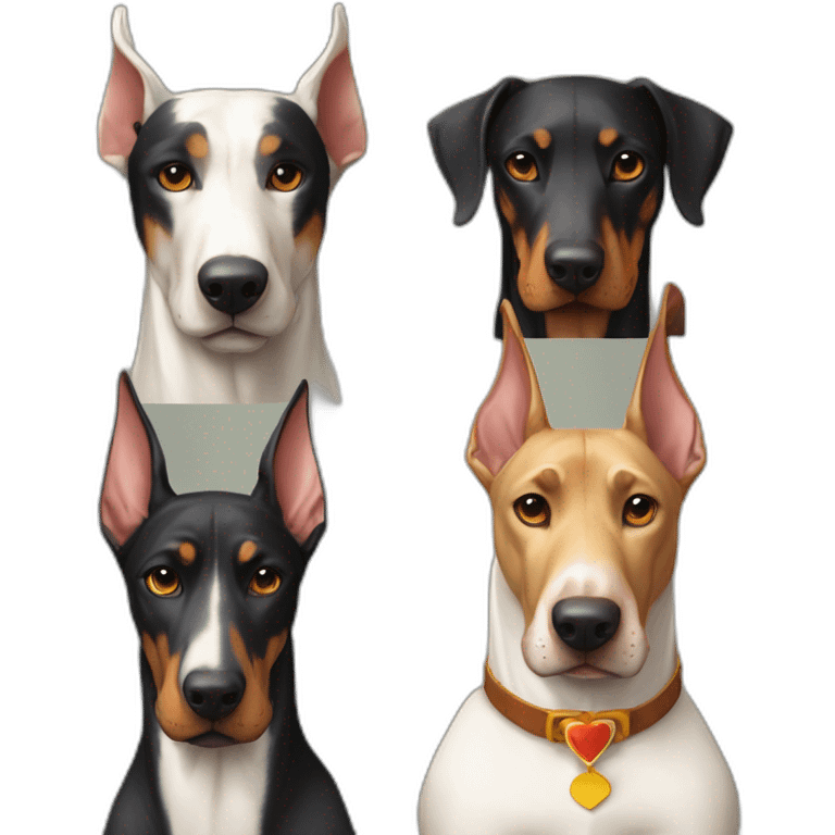 1 white doberman with a bow tie an other doberman with black fur and the last doberman with camel fur emoji