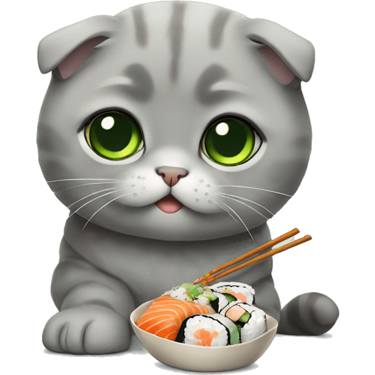 gray scottish fold with green eyes eating sushi emoji