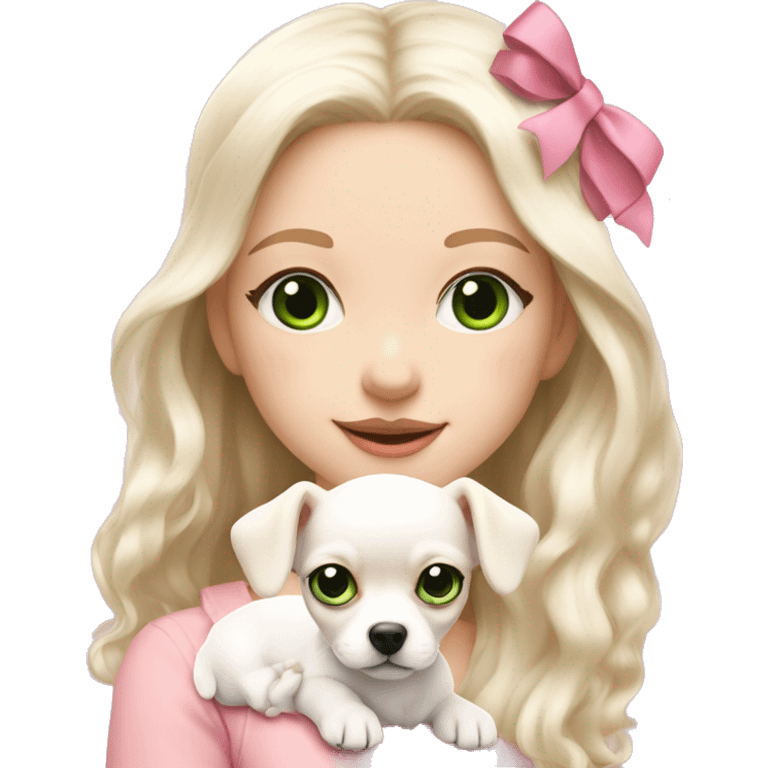 pale blond yt girl with wavy long platinum white hair with bright green eyes holding a white chihuahua puppy that wearing a pink bow emoji