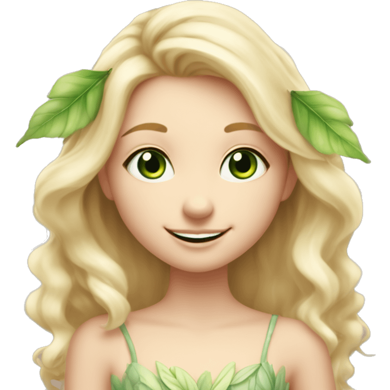 Blonde fairy girl, wearing beautiful leaf dress, very light and whimsical colours, smiling gently with green eyes and soft caucasian skin and pink lips, smiling emoji