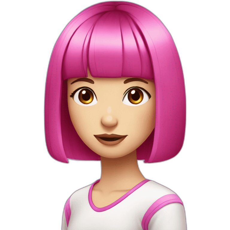 young girl, PURPLE eyes, hot pink bob haircut with bangs, fair skin emoji