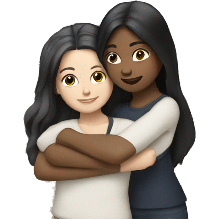 Two white girls with long black hair hugging. emoji