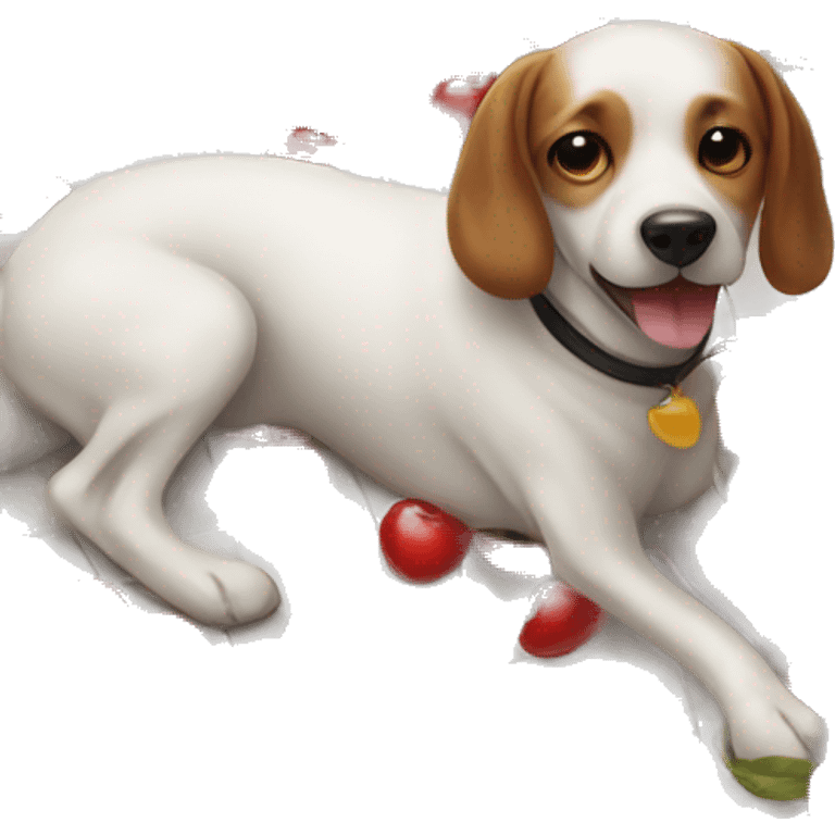 dog on tiled floor with a white apron on with red cherries on it  emoji