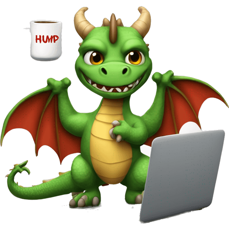 real life dragon with wings, working on a laptop, wearing a shirt with the words hump day on it, with a cup of coffee in his right hand emoji