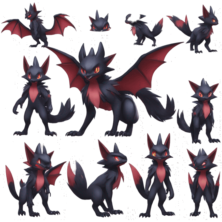  Kawaii Edgy Cool Nargacuga-Noivern-Noibat-Litten-Zorua-Zoroark-Fakemon-fusion full body emoji