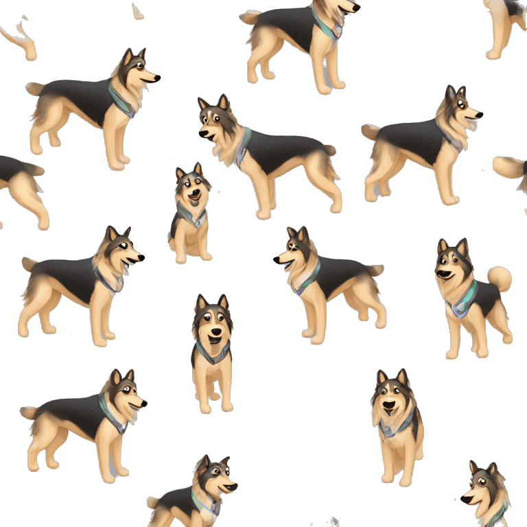 Fluffy dog saluki German shepherd husky with tattoos and holographic harness running emoji