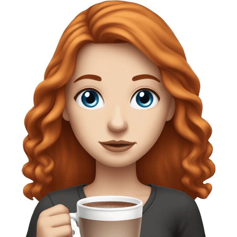 white girl with red long hair and blue eyes and a hot chocolate emoji