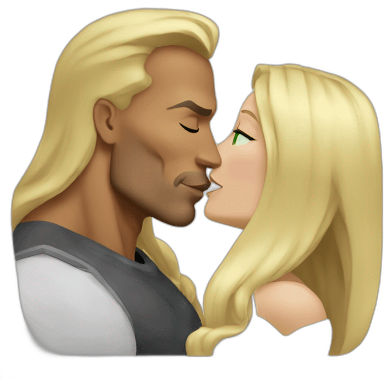 Dwayne Johnson kissing blond woman, with green eyes and very long hair emoji