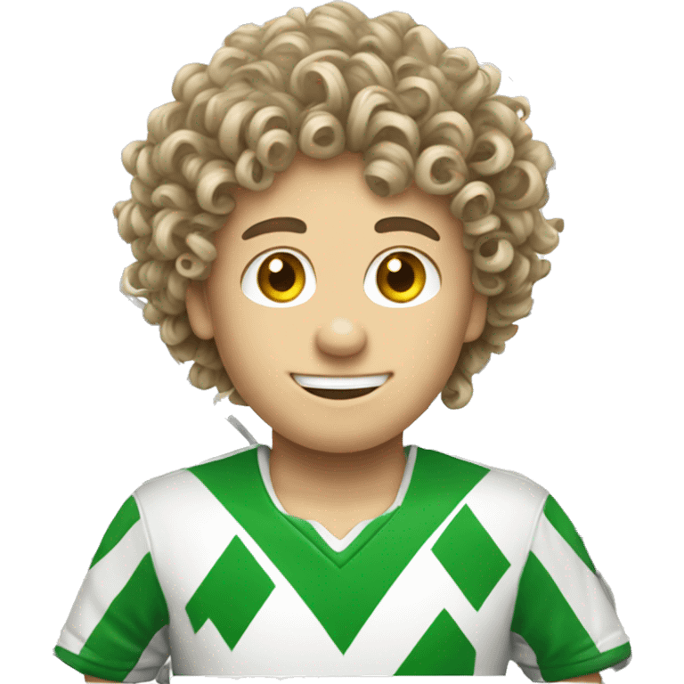 A curly white boy playing soccer with a soccer ball and a net emoji