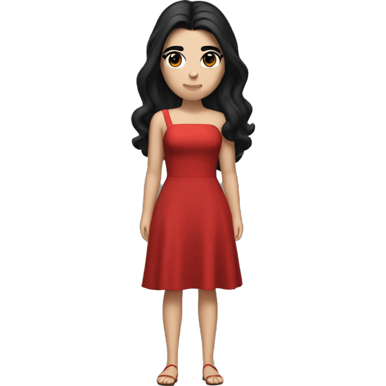 Dua Lipa full body with dark hair and a red dress while singing emoji