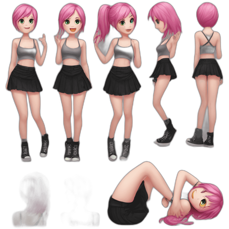 Full body Front view curvy emo girl pink hair sits on the floor straight view hands up black skirt полосатые рваные чулки emoji