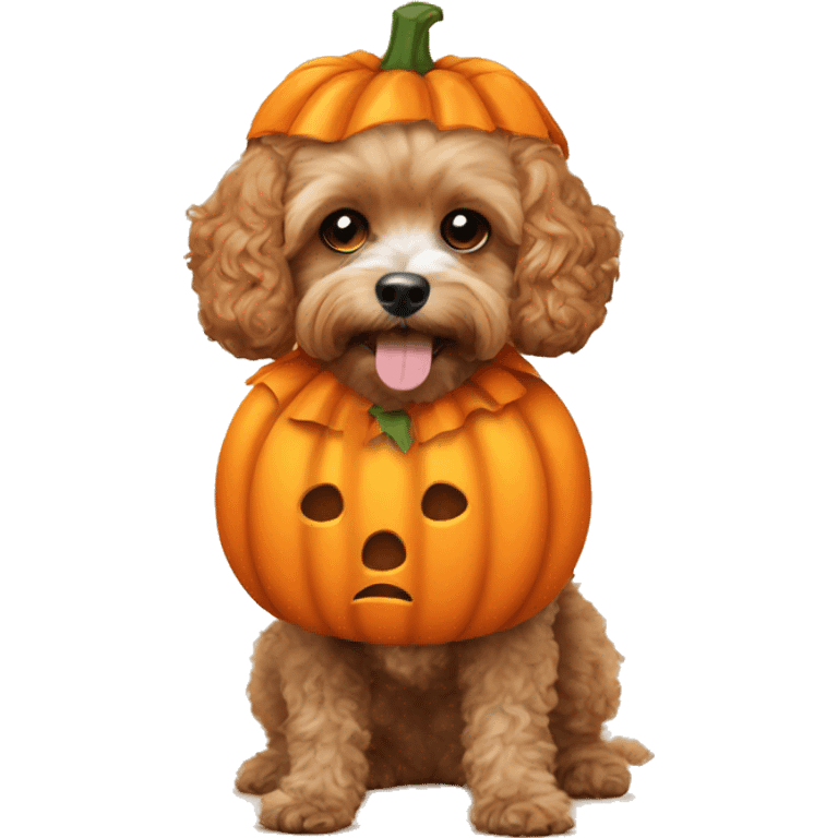 Cavapoo dog wearing a pumpkin costume emoji