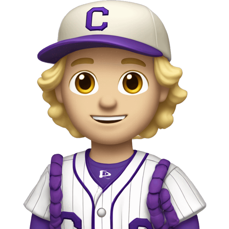 baseball card character. white male. blonde hair letter C logo. Purple and white uniform.  emoji