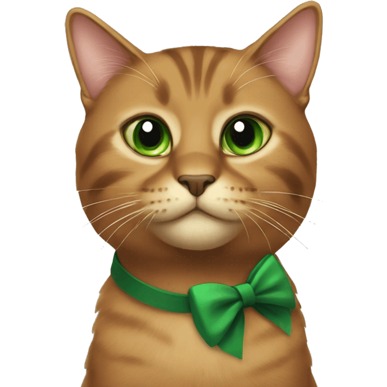 brown cat, with green eyes, black bow on chest emoji