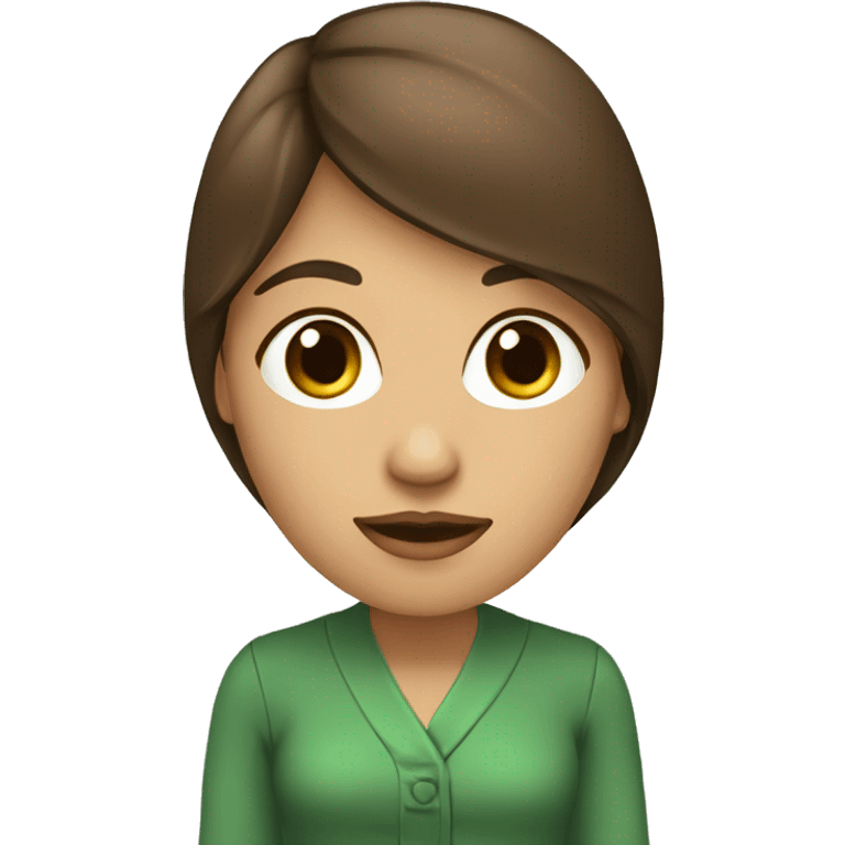 Mujer con terno, con cabello largo ondeado marron y ojos color verde emoji