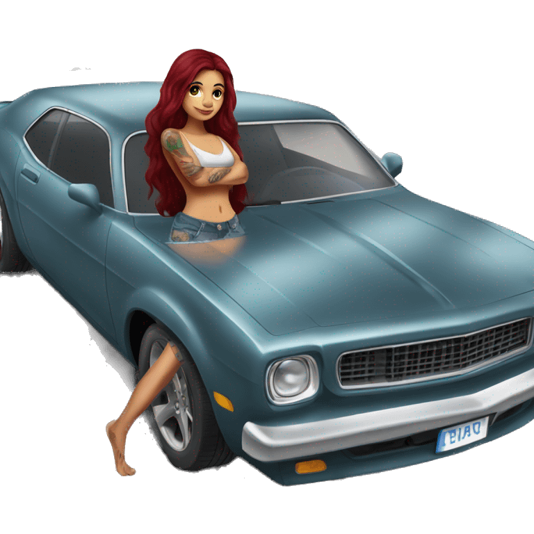 Beautiful tattooed burgundy long haired woman washing a car emoji