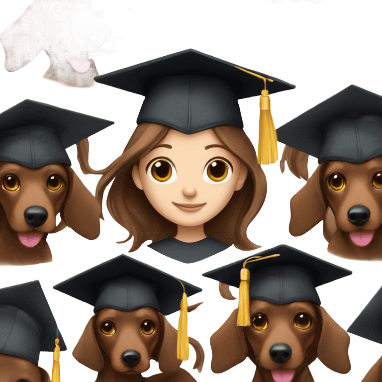 Brown haired white girl in graduation cap holding dark brown long haired dachshund  emoji