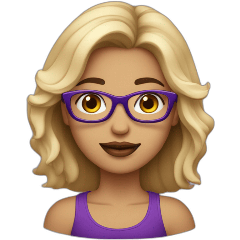 mujer con el pelo liso y mitad para arriba de color rubio y la mitad para abajo de color morado, labios grandes, nariz pequeña, gafas rectangulares negras y ojos azules emoji