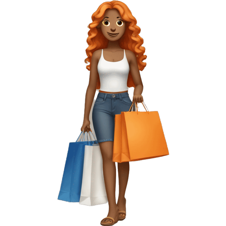 Tan girl with long wavy orange hair holding shopping bags emoji