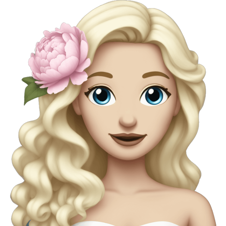 White bride with long light blonde hair and blue eyes with light pink peonies in hair white skin  emoji