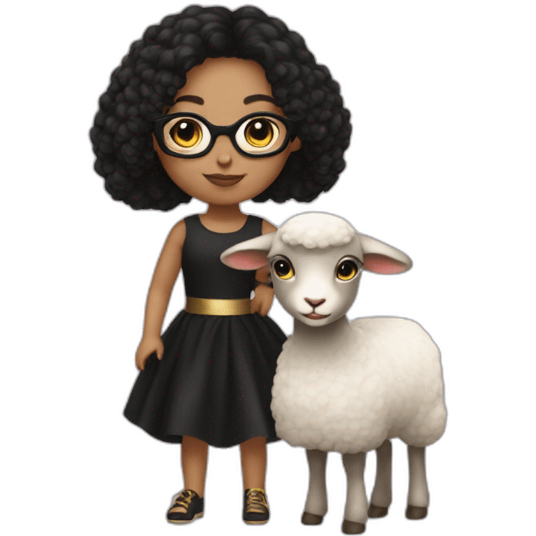 Girl with golden glasses, black hair, black dress, riding on a lamb emoji