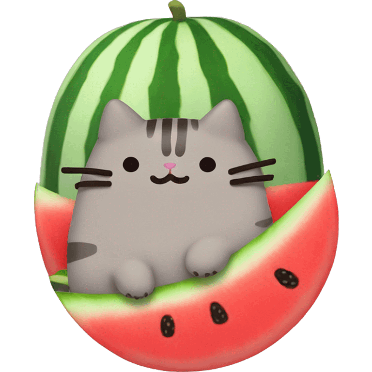 A pusheen with a watermelon on top of it head it head  emoji