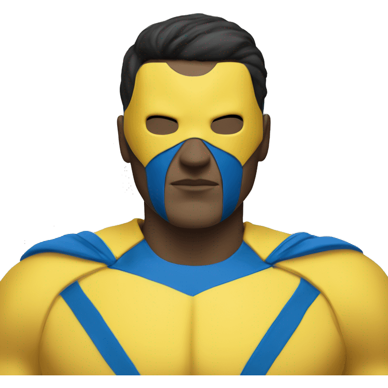 Superhero wearing a yellow and blue suit with black accents. He should have a distinctive yellow visor-style mask covering his eyes, shot black hair. heroic expression. emoji