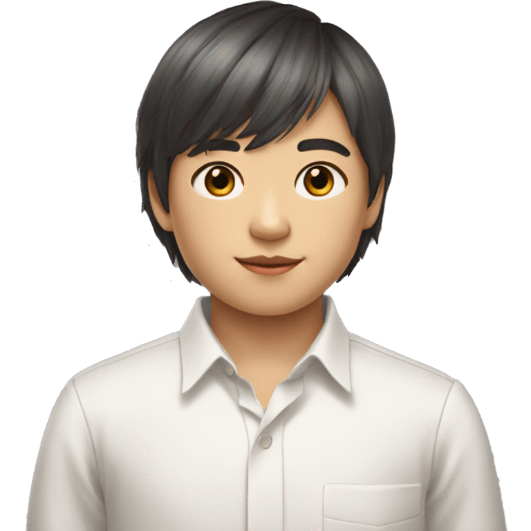 11 year old chinese BOY with curtain bangs and gray eyes and white formal shirt with long sleevesand a book emoji