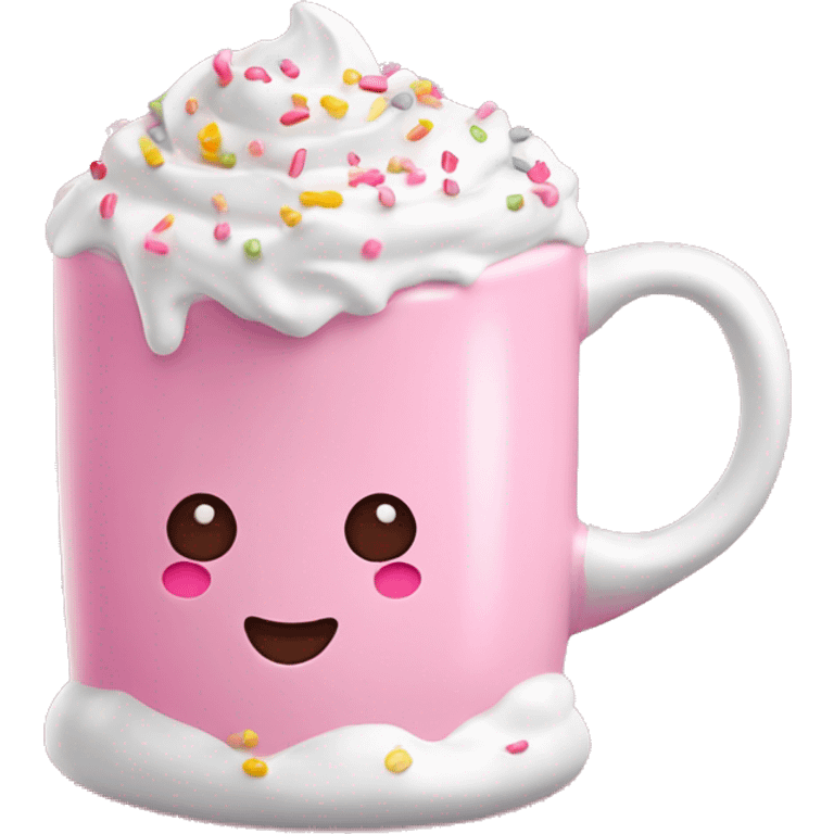 Glossy pink mug of hot chocolate with whipped cream and sprinkles emoji