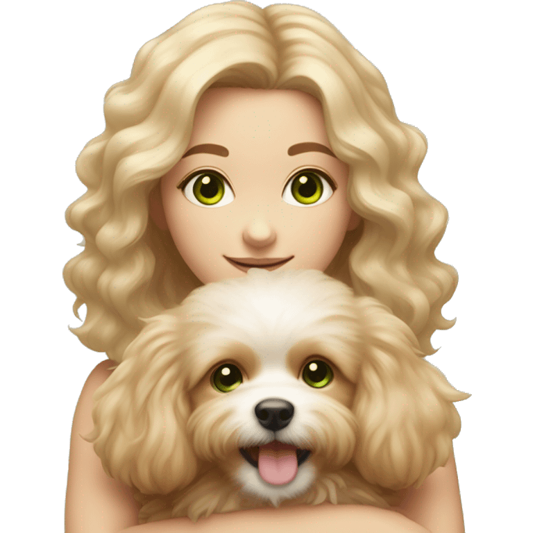 Girl with green eyes and light brown hair holding blonde fluffy pomapoo puppy emoji