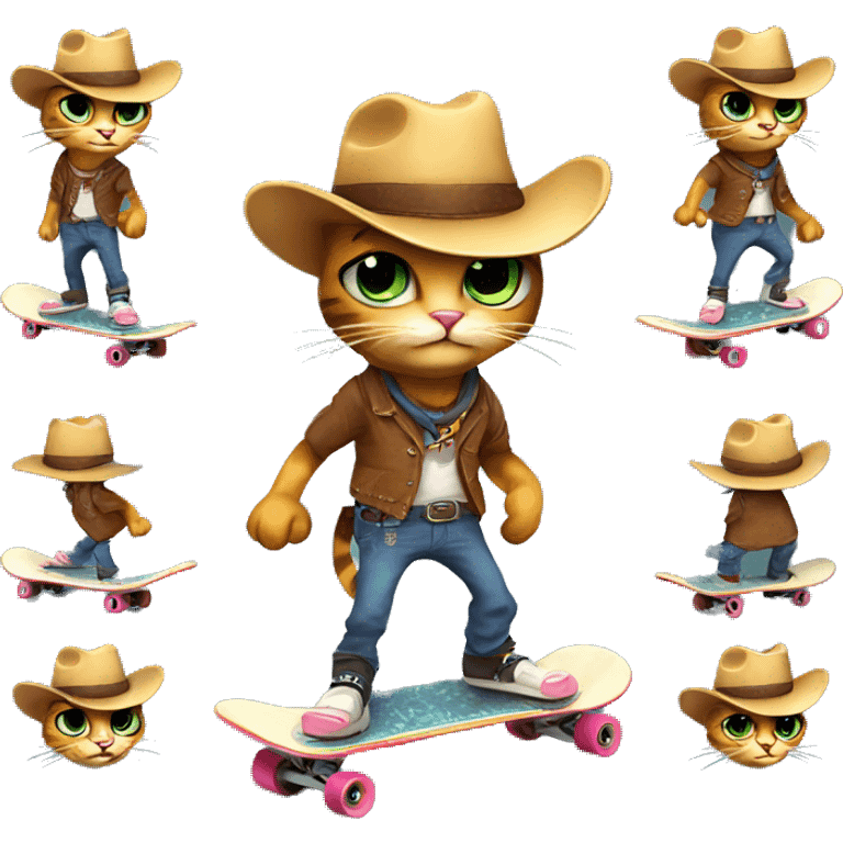 a cool cowboy cat on skateboard, lively emoji