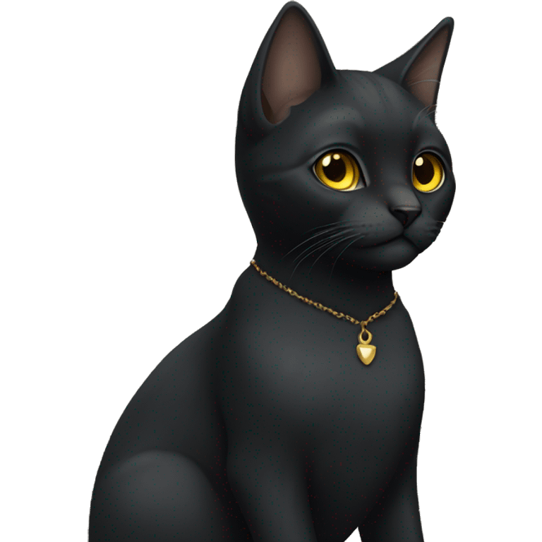 Small, short-haired black cat with light yellow eyes, tiny black ear tufts, sleek coat, facing forward with ears slightly tilted emoji