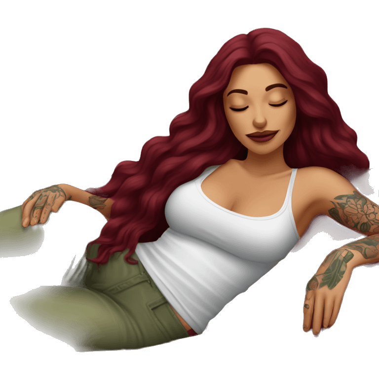 Beautiful tattooed burgundy long haired woman napping on sofa emoji