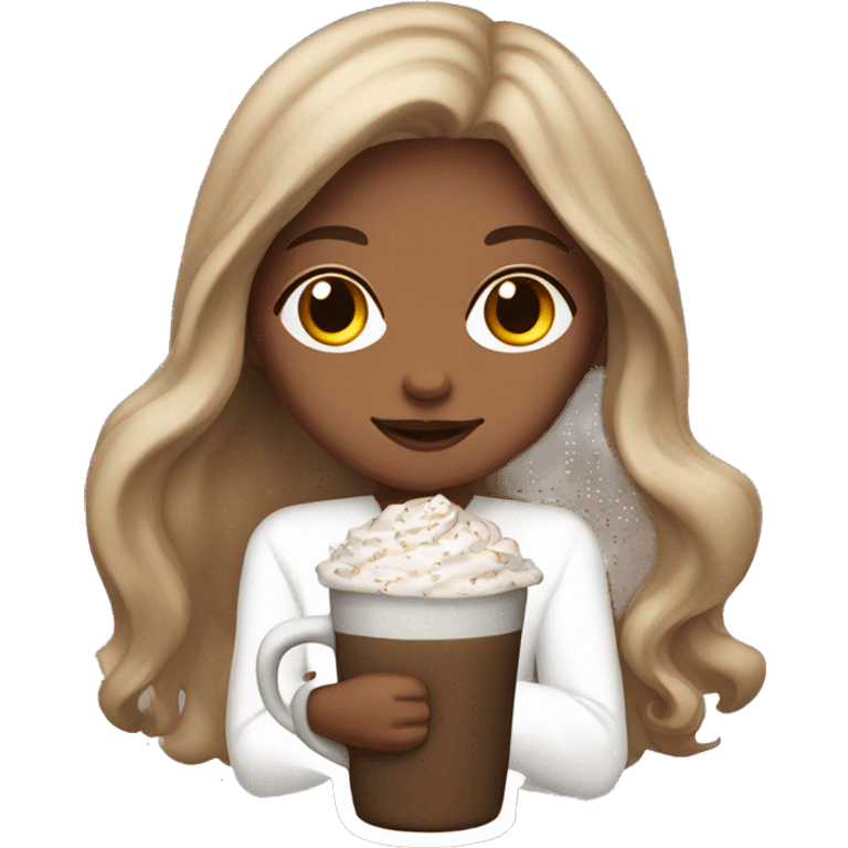 white girl with brown long hair and a hot chocolate emoji